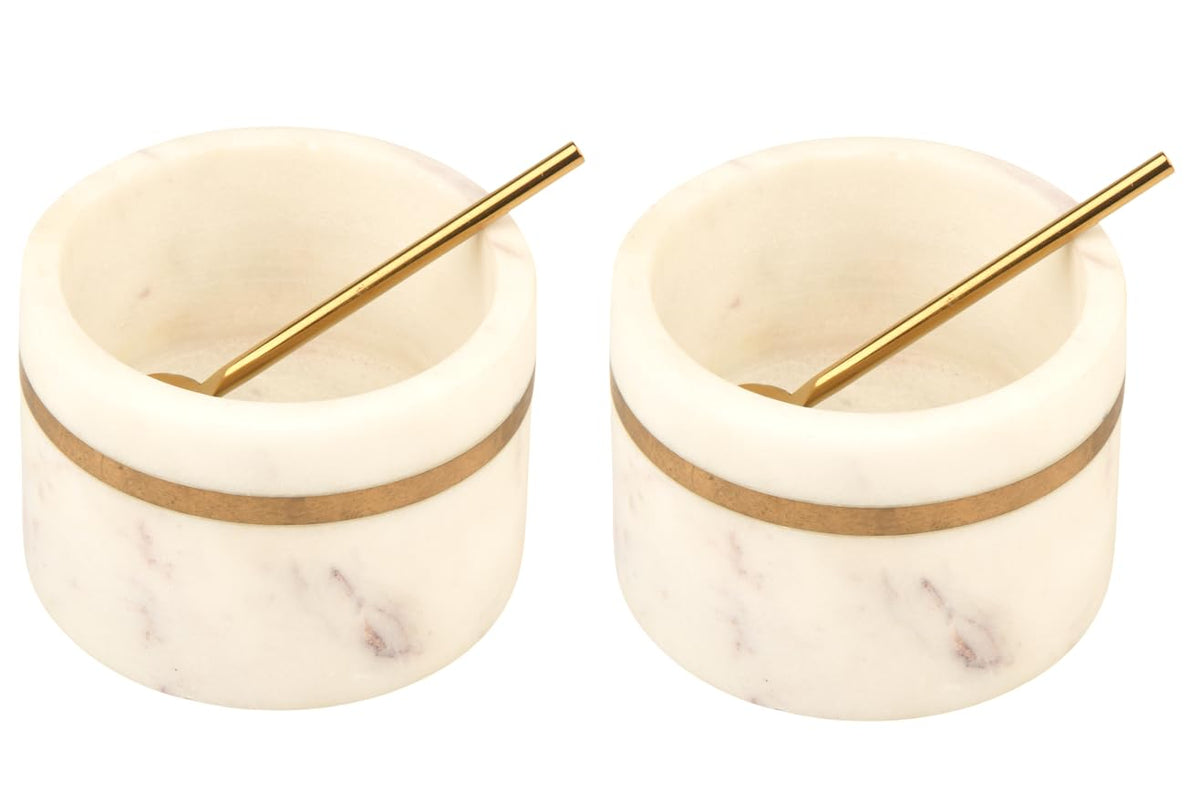 Cruiser’s Caché Marble Salt and Spice Cellars or Dipping Bowls with Gold Spoons | Set of 2