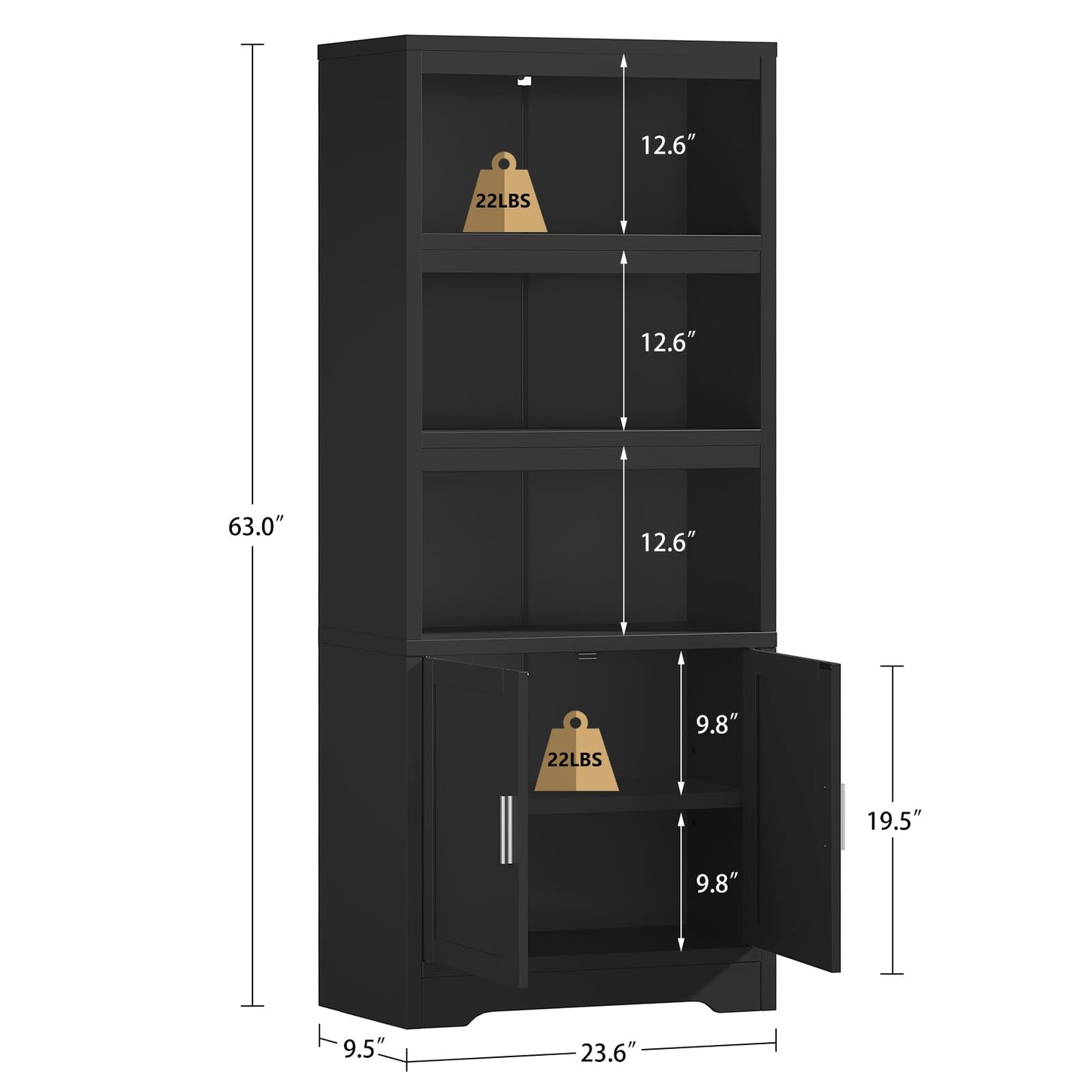 Book Shelf and Bookcase with Doors, 5-Tier Display Storage Cabinet with Adjustable Shelves, Open Compartments, Remote Control LED Lights, Tall cabinet for Bathroom Kitchen Living Room, Home Office