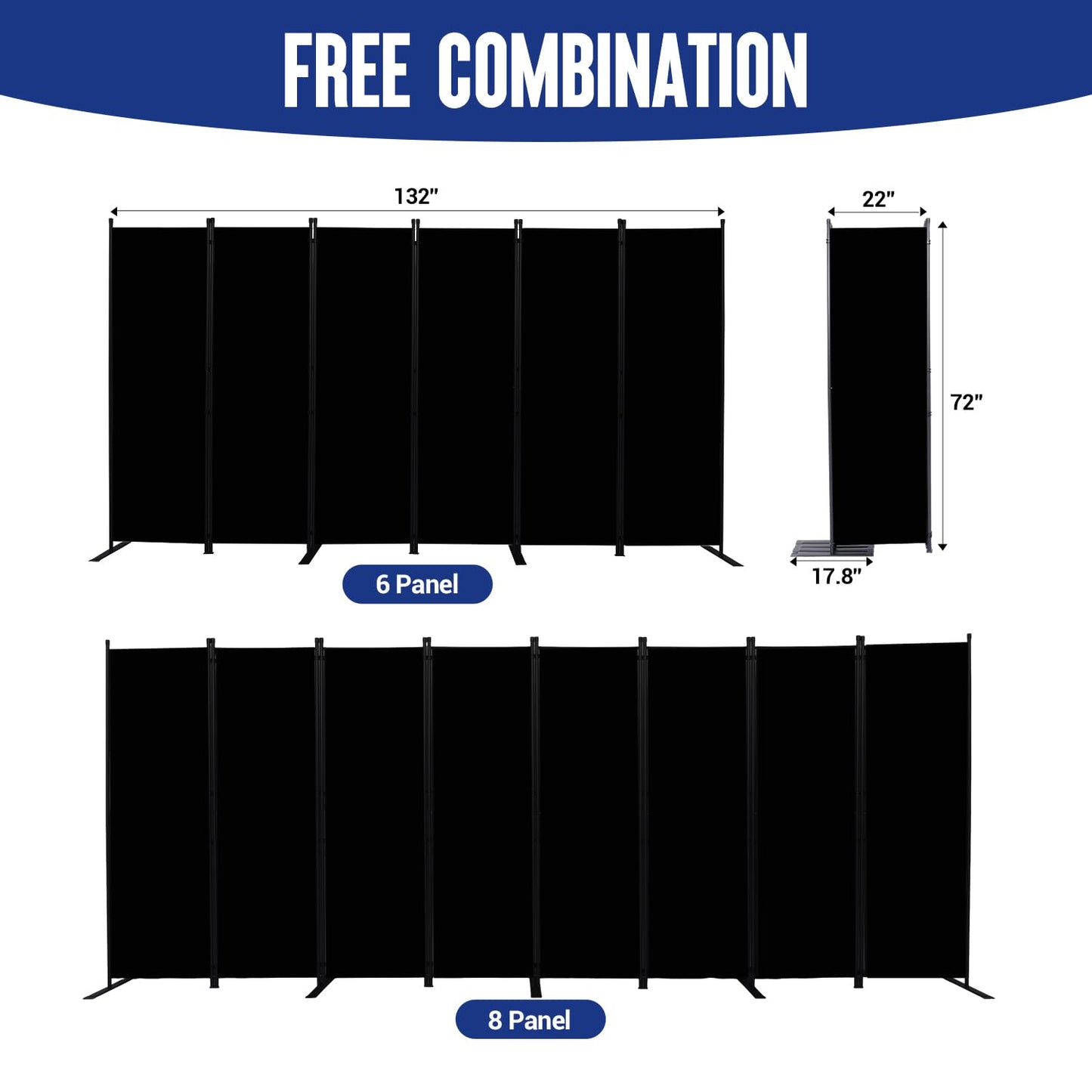 Room Divider and Folding Privacy Screens 6 Panel, 11 Ft Wide Room Partitions Dividers, Portable Room Divider Screen for Room Separtition, Folding Wall Dividers for Rooms, Office, Bedroom, Studio Black