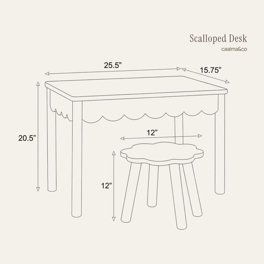 CAALMA Kids Table and Chair Set (Ages 3–7), Solid Wood with Lift-Top Hidden Storage - Montessori Table and Chair Set with Scalloped Design, Easy-Clean Surface & Gold Hardware