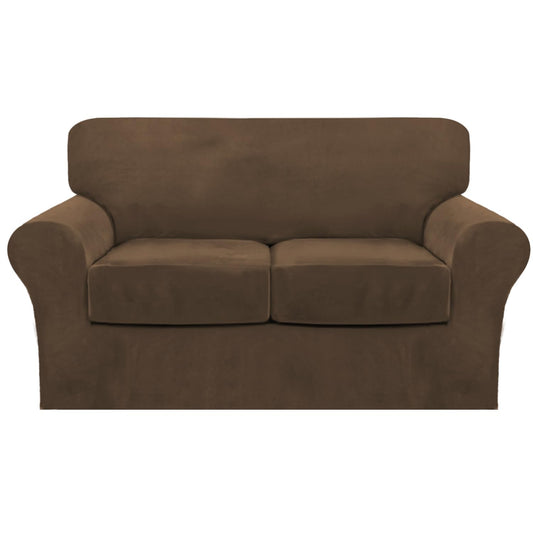 FantasDecor 3 Piece Sofa Covers Velvet for 2 Cushion Couch Stretch Loveseat Slipcover with Individual Seat Elastic Furniture Protector for Pets (Loveseat, Bronze Brown)