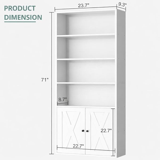 Modern Bookshelf with Doors, Industrial Bookshelves with 6-Tier Shelf, 71