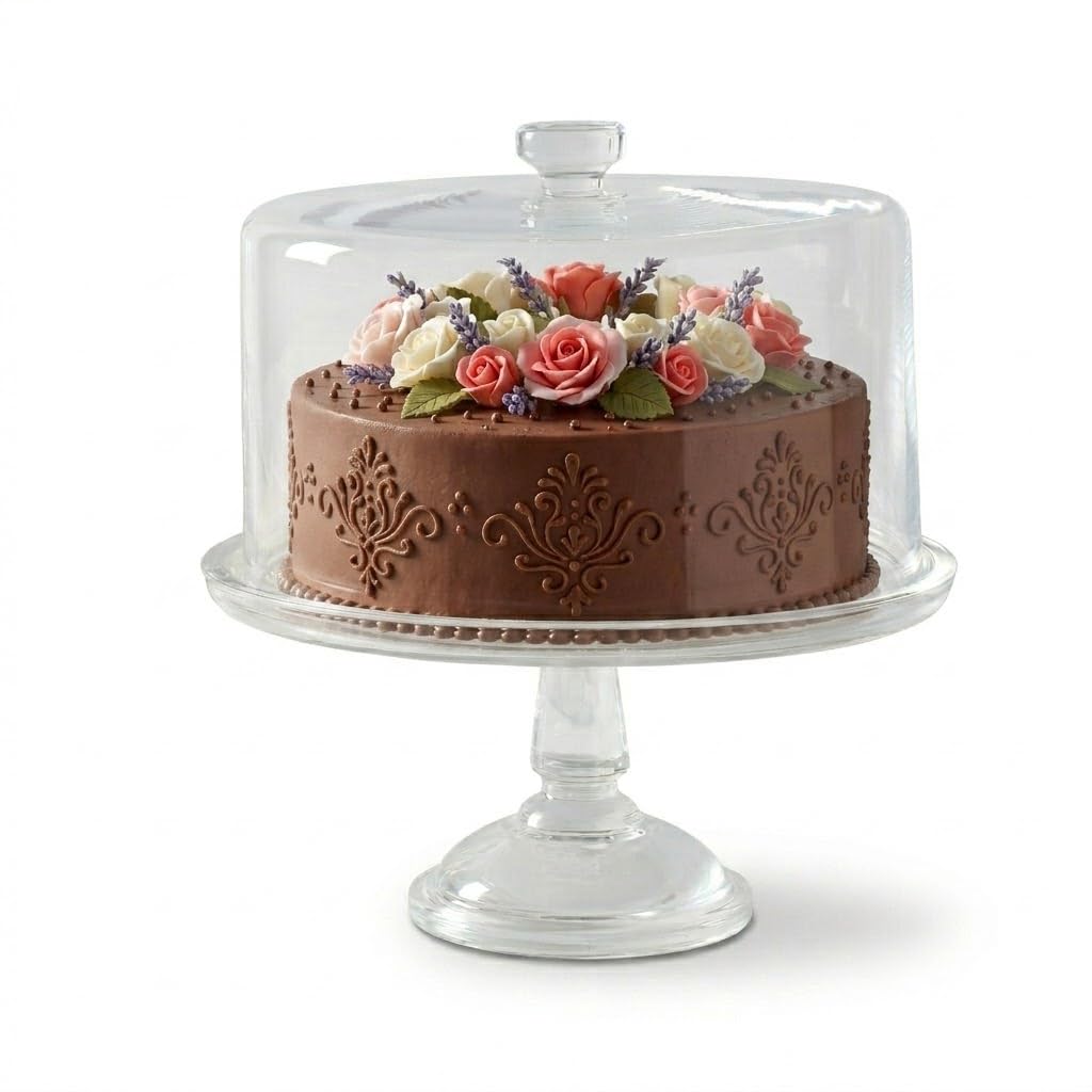 Martha Stewart Watercrest Glass Cake Stand with Dome, 10.2 Inch Clear Footed Pedestal Cake Stand with Glass Lid Cover, Handmade Glassware for Cakes and Desserts