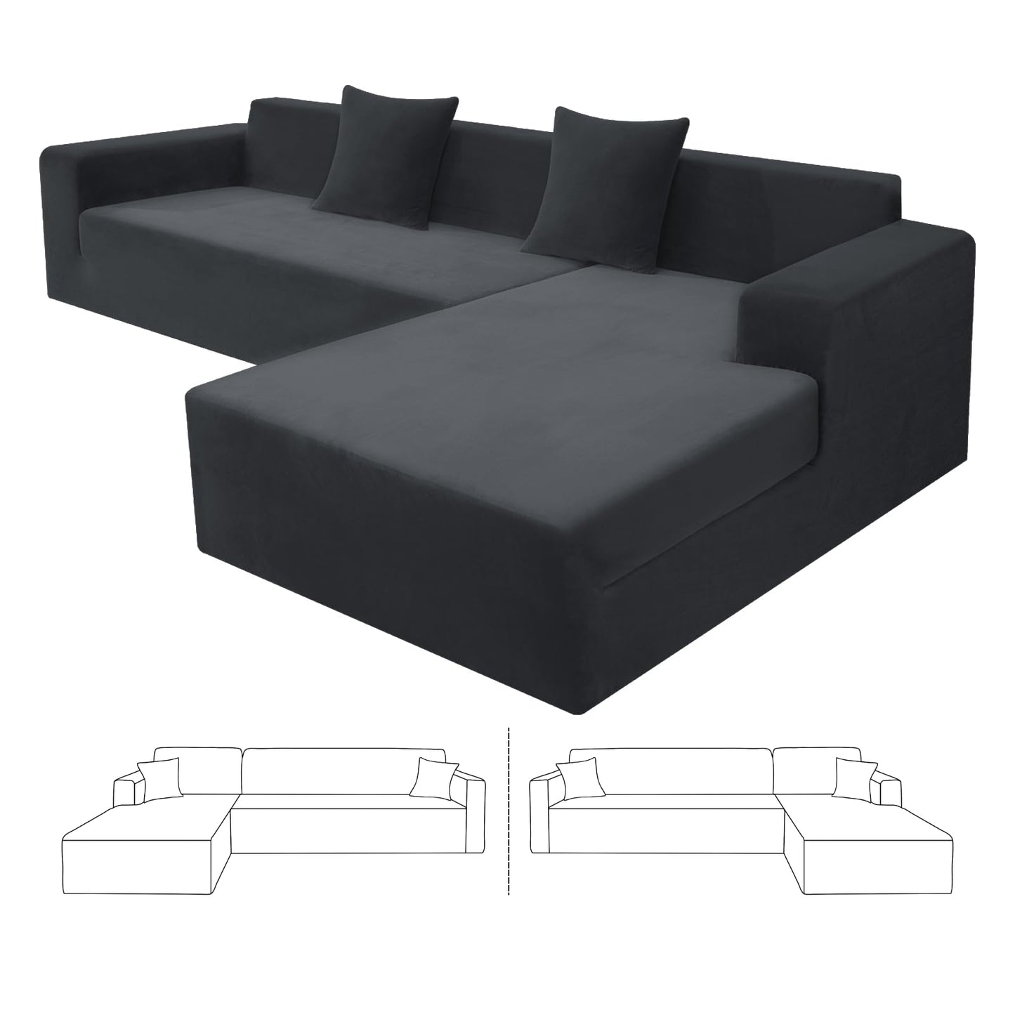 ZNSAYOTX 2026 Soft Velvet Sectional Couch Covers, Luxury Plush Slipcovers with Elastic Bottom for L Shape Sectional Sofa, 2 Pcs Pet Friendly Protector (3 Seat Couch + 2 Seat Chaise, Black)
