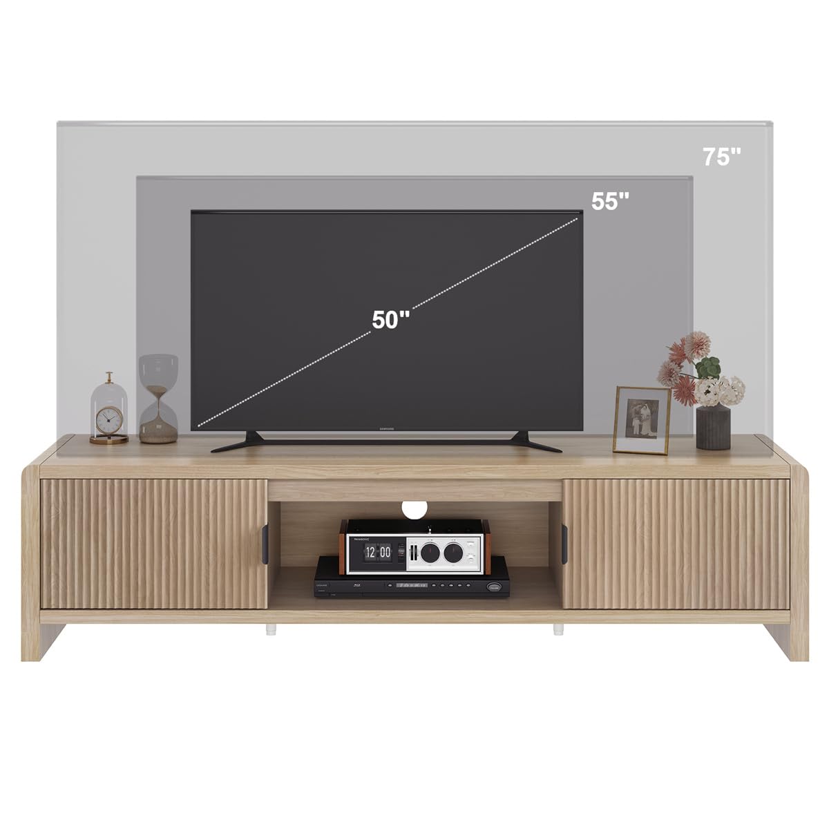 FATORRI TV Stand for TVs up to 75/65/55 Inch, Wood Entertainment Center with Storage, Farmhouse Waveform Fluted-Door Television Media Console for Living Room, Bedroom (63 Inch W, Light Walnut)