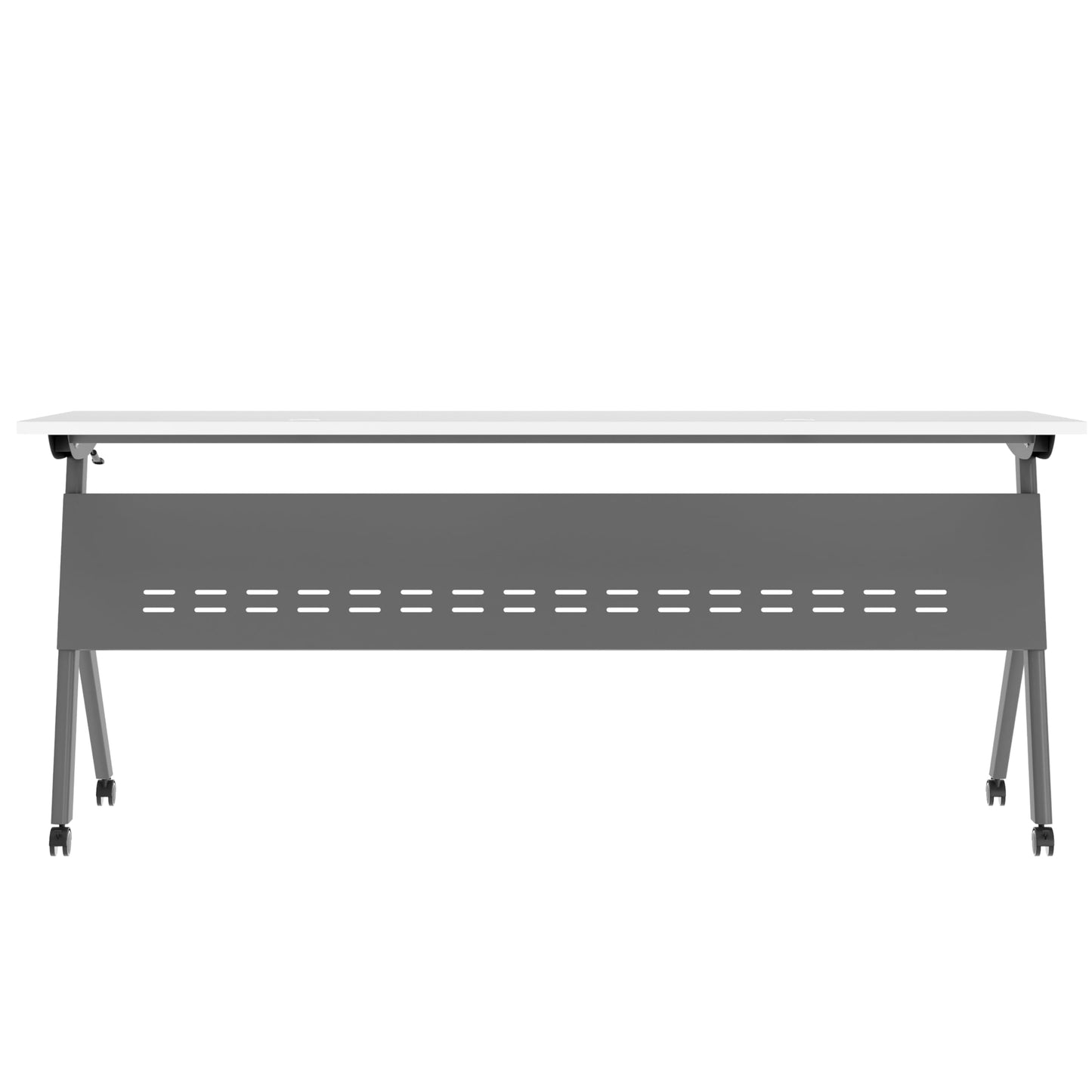 BizChair Commercial Grade 72" x 24" Heavy-Duty Nesting Flip Training Table with Y-Legs, Modesty Panel, 1" Thick White Tabletop, and Gray Steel Frame
