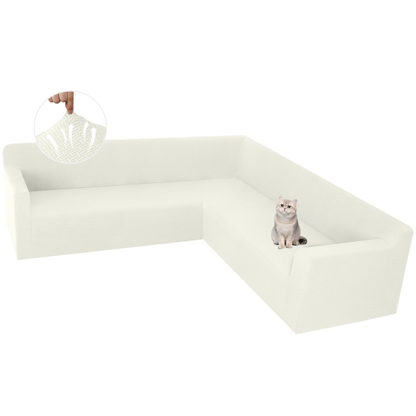 ALIECOM Stretch Corner Sectional Couch Covers L Shape Sofa Covers Washable Sectional Slipcovers U Shape Jacquard Living Room Pet Dogs Furniture Protector with Elastic Bottom (Ivory, Large)