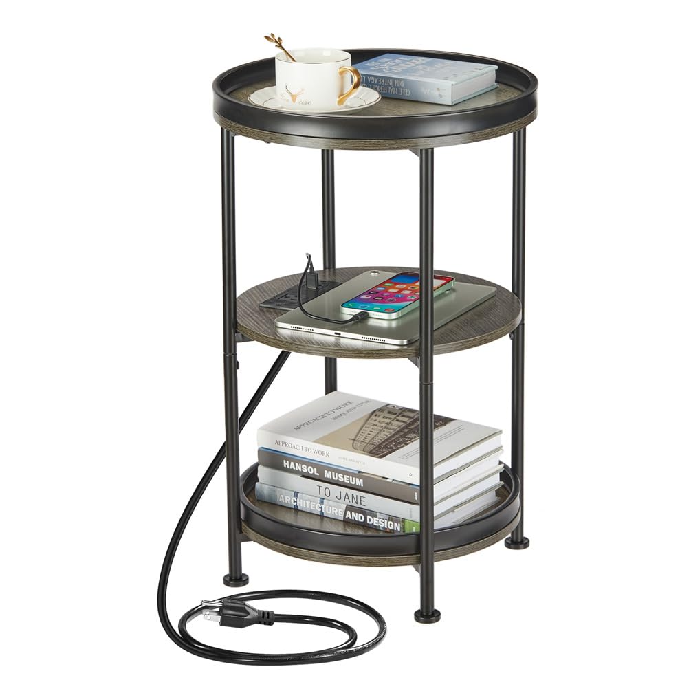 Dulcii Round Side Table with Charging Station, End Table with 3 Shelves for Living Room, Bedroom Nightstand with Steel Frame for Small Spaces, Industrial Round Sofa Table (USB+Grey)