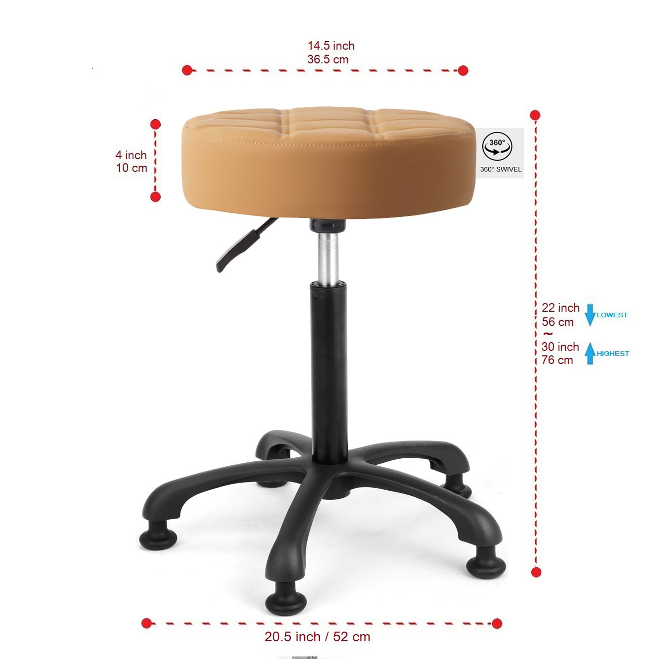 McDooFly Height Adjustable Heavy Duty Stools Salon Stool Chair with Bell Glides for Home Bar Kitchen Office Shop Tattoo Lash Tech Pedicure (Camel with Bell Glides, Height 22 to 30 in)