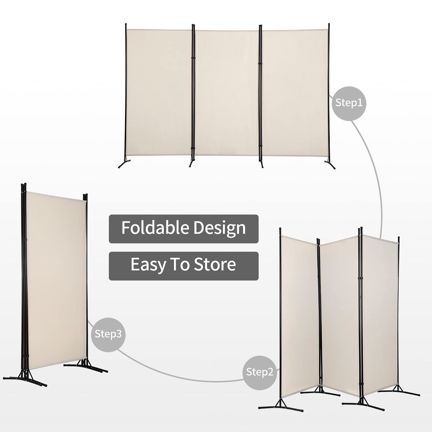 PayLessHere 3 Panel Room Divider Folding Privacy Screen 5.9FT Partition Room Separators with Metal Frame Portable Freestanding Room Divider for Bedroom,Office,Dining Room,Living Room,Beige