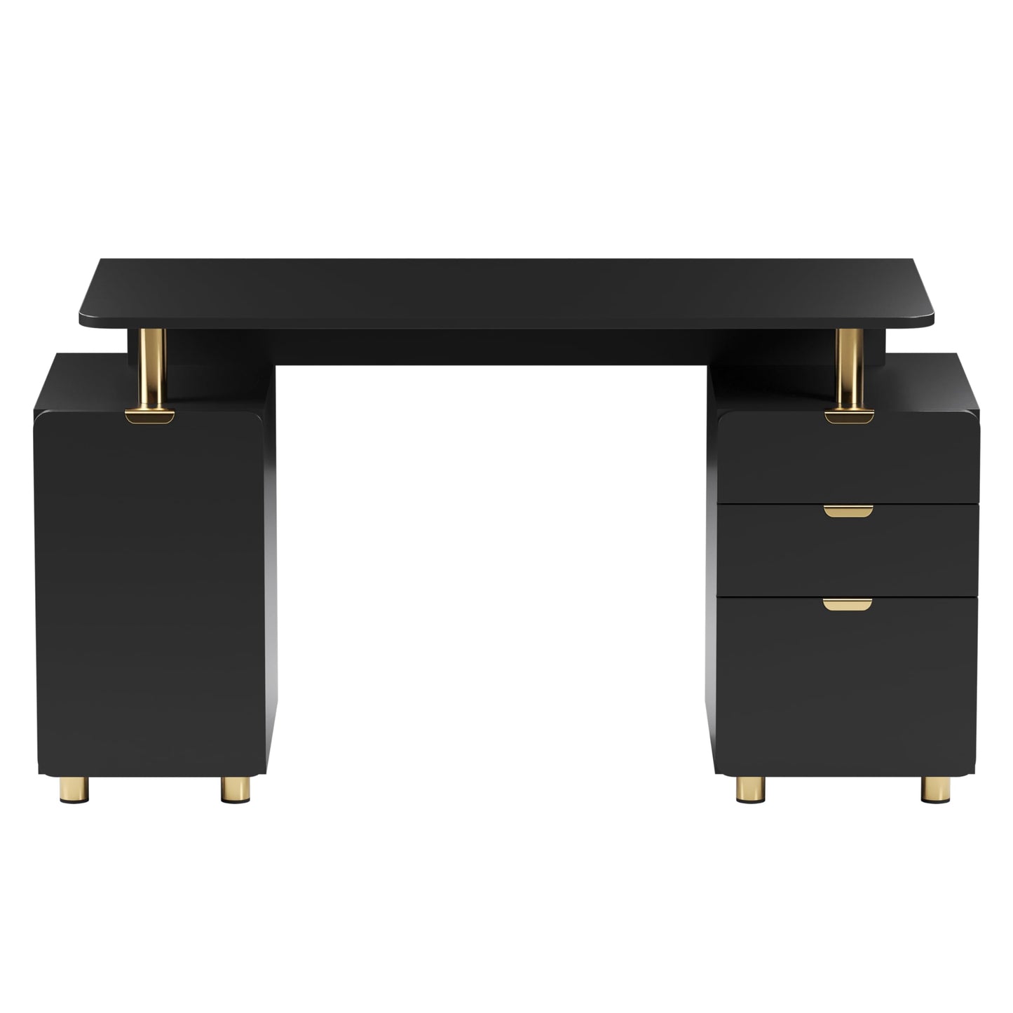 Elegant 57" W Executive Desk with 3 Drawers and Storage Cabinet, Modern Office Desk with Gold Accents, Floating Work Surface, Closed Storage with Ventilation & Adjustable Shelf (Black,Gold)