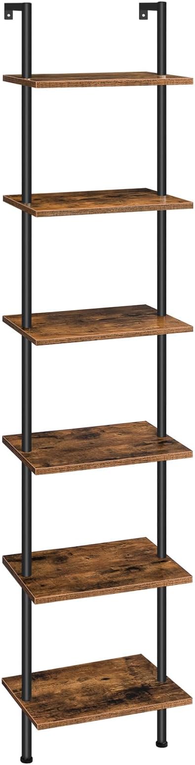 HOOBRO DIY Ladder Shelf, 6-Tier Wooden Wall Mounted Bookshelf, Narrow Bookcase