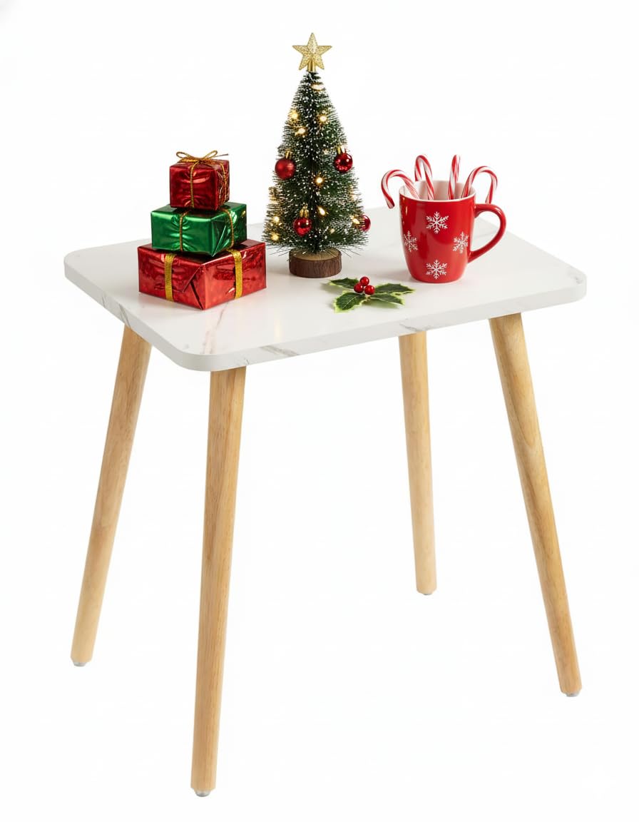 FORAOFUR Small End Table, Side Table Accent Table Living Room Bedroom Balcony Office, Modern Bedside Table Home Decor, Mini Table for Small Spaces, Short Coffee Table, Easy Assembly, Marble White