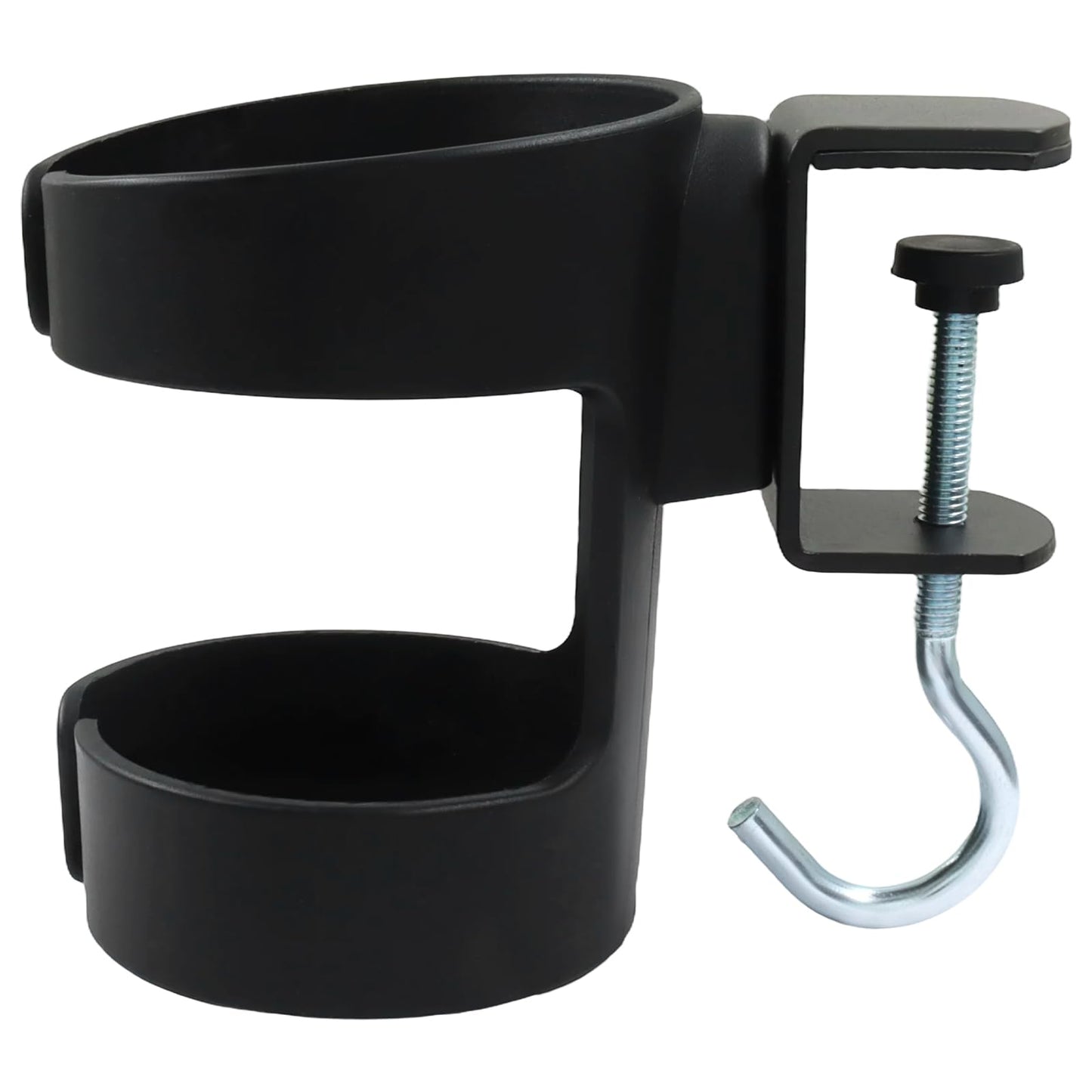Bonsicoky 2 in 1 Desk Cup Holder, 3.7 Inch Height Clamp-On Black Plastic Drink Holder with Hook, Anti-Spill Tumbler Organizer for Home Office, Pack of 1