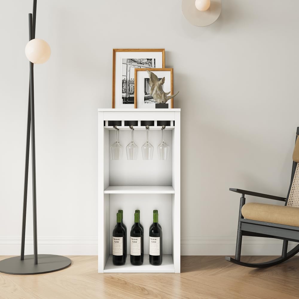 Brown Walnut Color Modular Wine bar Cabinet with Storage Shelves with Hutch for Dining Room (White + MDF)