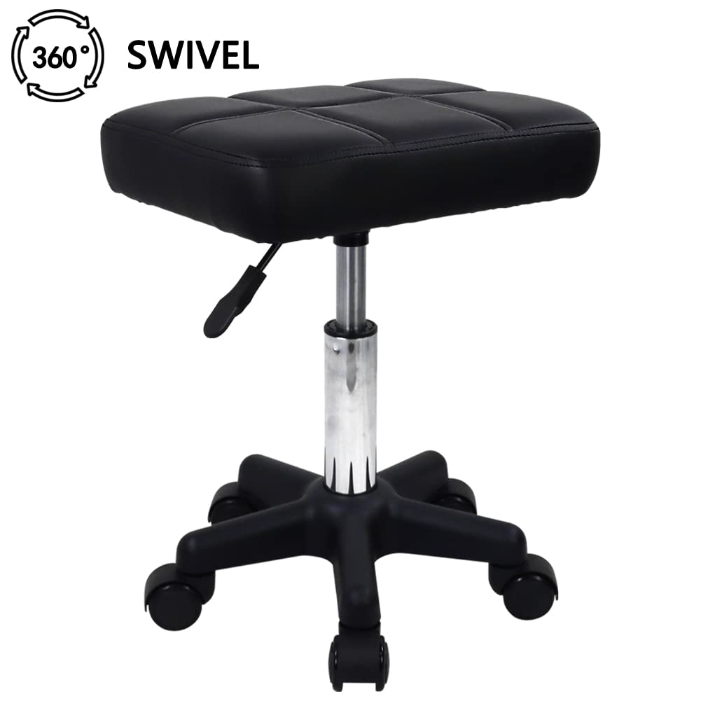 FURWOO Rectangle Rolling Stool with Wheels Height Adjustable Swivel Stool Chair for Spa Salon Massage Black