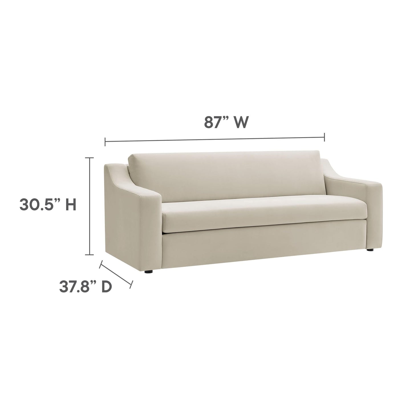 Modway Liora 87 Inch Stain-Resistant Performance Velvet Sofa in Alabaster - 3 Seater Upholstered Sofa Couch for Living Room Seating - Comfy Deep Seat Sofa with Scoop Arms