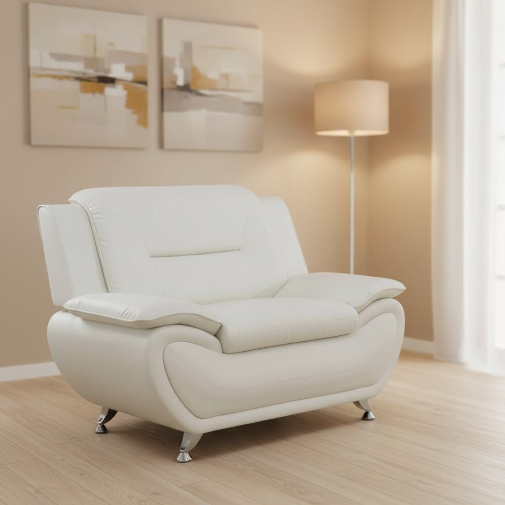 Trygoal 3-Piece Living Room Furniture, Modern White Faux Leather Sofa Set with Sturdy Metal Legs, (3-Seat Sofa + Loveseat + Armchair), Easy Assembly