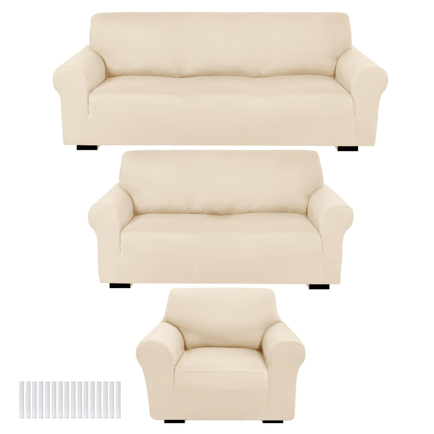 Peryiter 3 Pcs Couch and Loveseat Covers Set Sofa Cover for Couch Sofa Slipcover for Living Room Arm Chair Furniture Protector(Cream,Milk Silk Spandex)