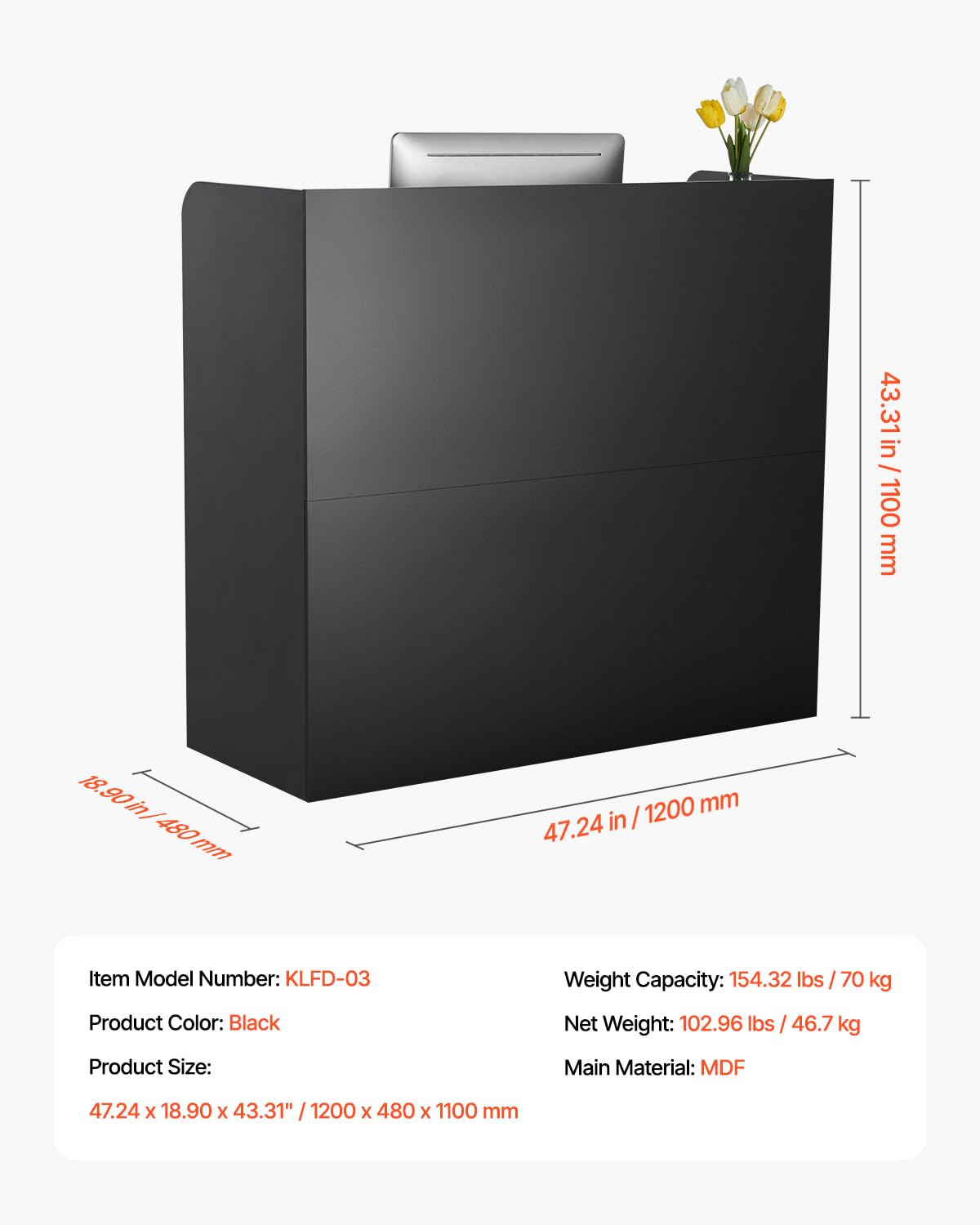 VEVOR Reception Desk, 47 Inch Rectangular Front Counter Table, Office Reception Counter with Lockable Drawer and Storage Cabinet, for Checkout, Lobby, Beauty Salon and Office, Black