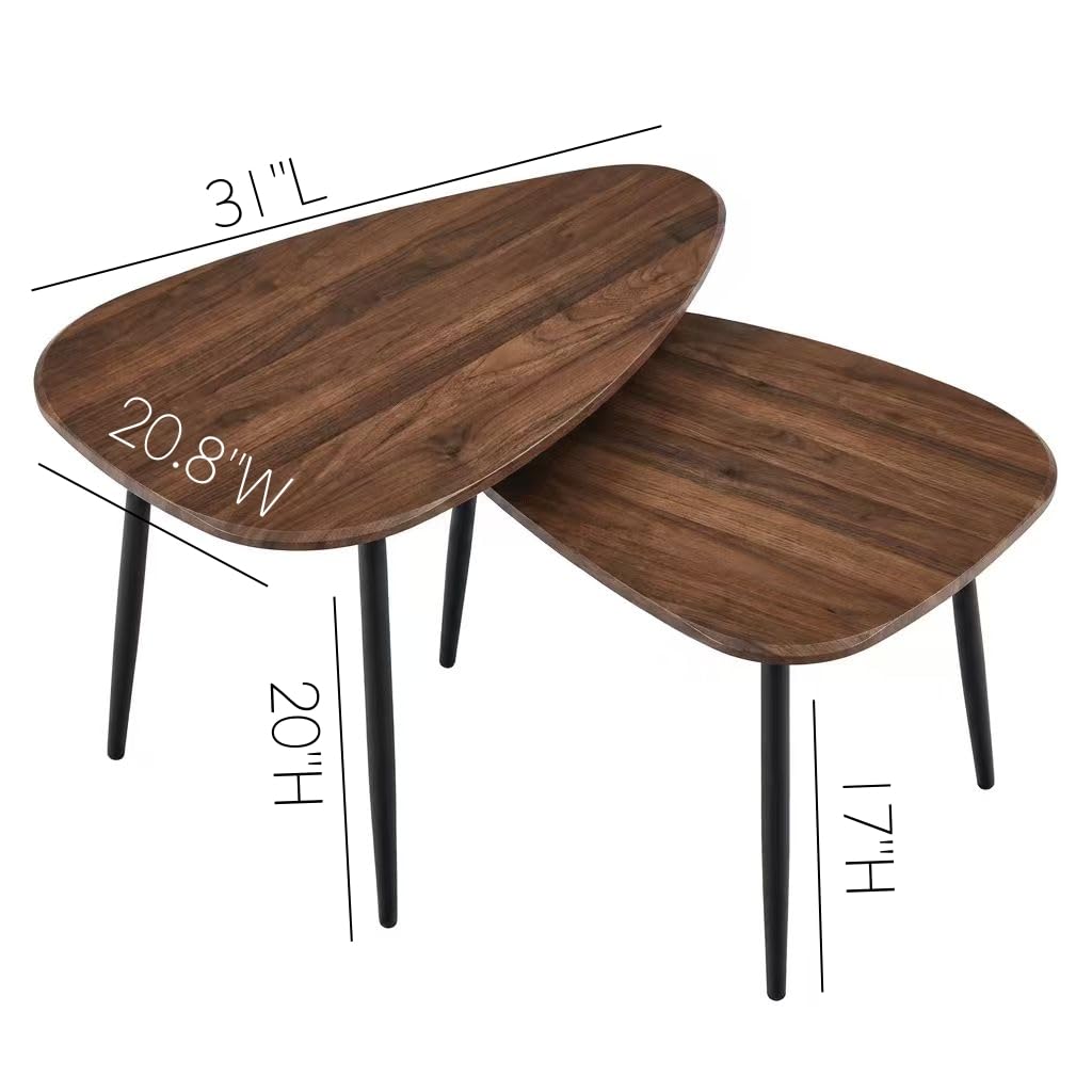 Nesting Coffee Table Set of 2 Coffee Tables Nesting Tables for Living Room Wooden Small Table Triangle Walnut Mid-Century Modern