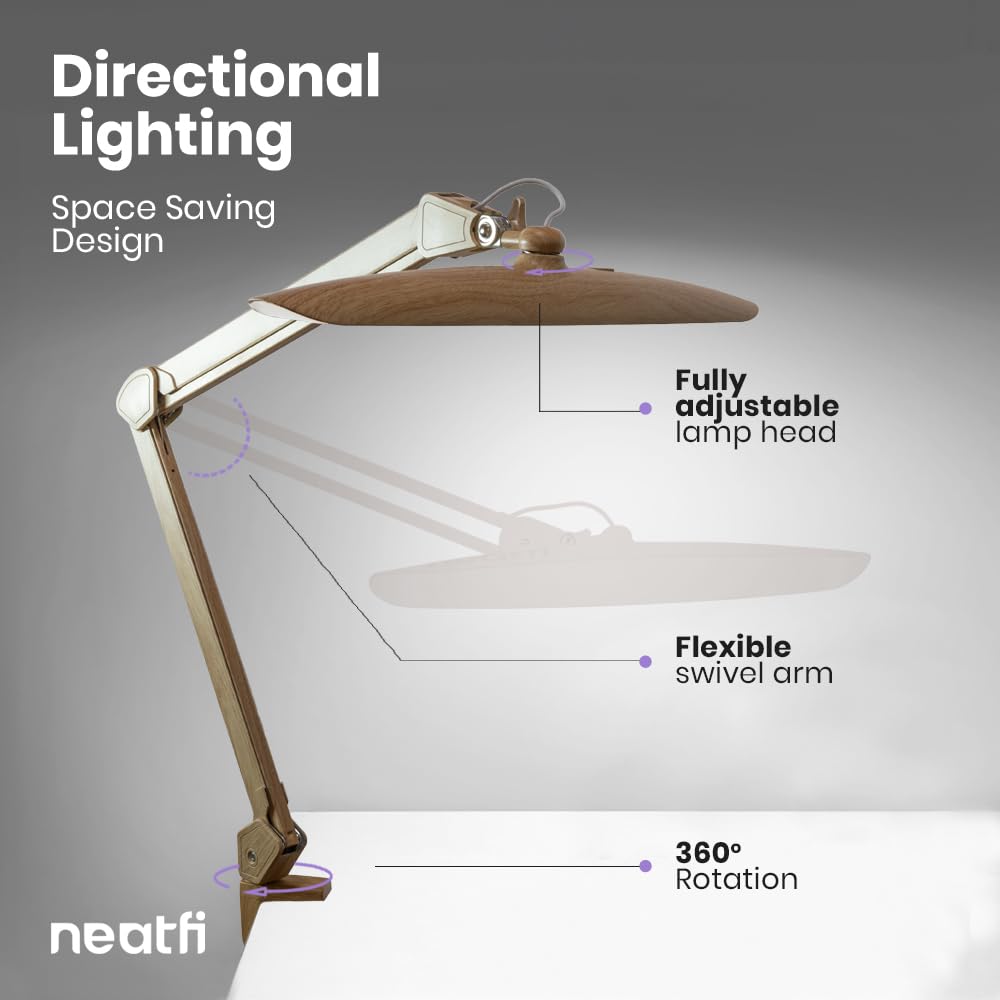 Neatfi XL 2200 Lumens 24W LED Desk Lamp – Shadow-Free Task Lighting | 4-Level Dimming | Home Office & Crafts Use | 20-Inch Wide Head (Brown Wood, Non-CCT with Clamp)