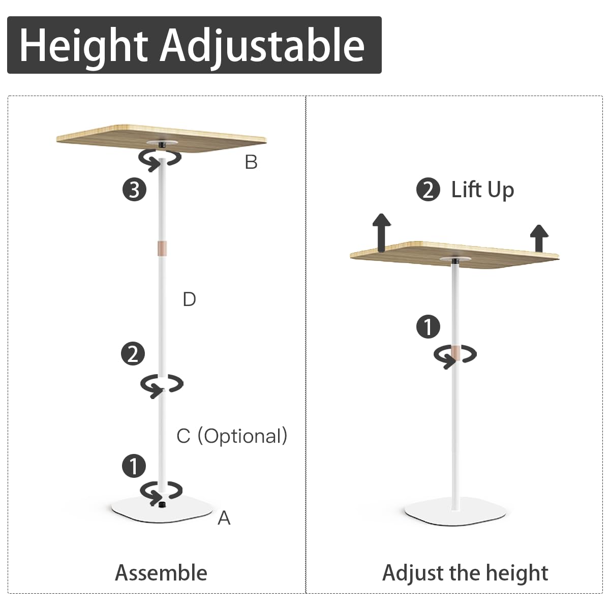 Small Laptop Standing Desk, 18“H - 46”H Adjustable Height Pedestal Side Table with Wooden Top, Portable Tall End Table, Stand-Up Desk for Bedside, Couch, Sofa, Living Room, Bedroom, Home Office, White