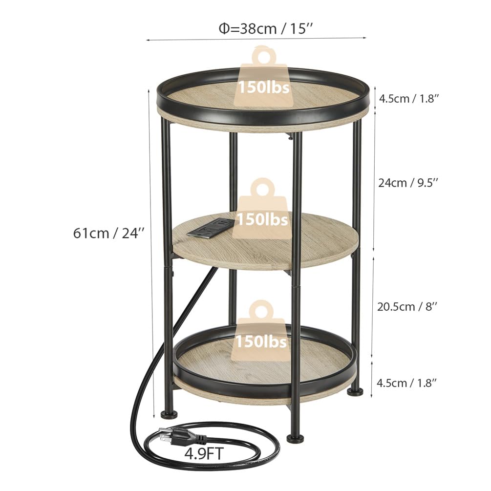 Dulcii Round Side Table with Charging Station, End Table with 3 Shelves for Living Room, Bedroom Nightstand for Small Spaces, Industrial Round Sofa Table with Steel Frame (USB+Oak)