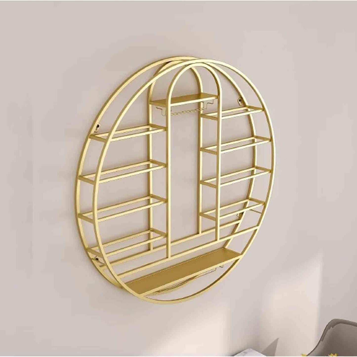 Wall-Mounted Hanging Wine Rack, Iron Bottle Shelf & Glass Stemware Organizer, Stylish Home & Bar Display, 60x11x60cm, Gold Liquor Storage for Kitchen & Cafe