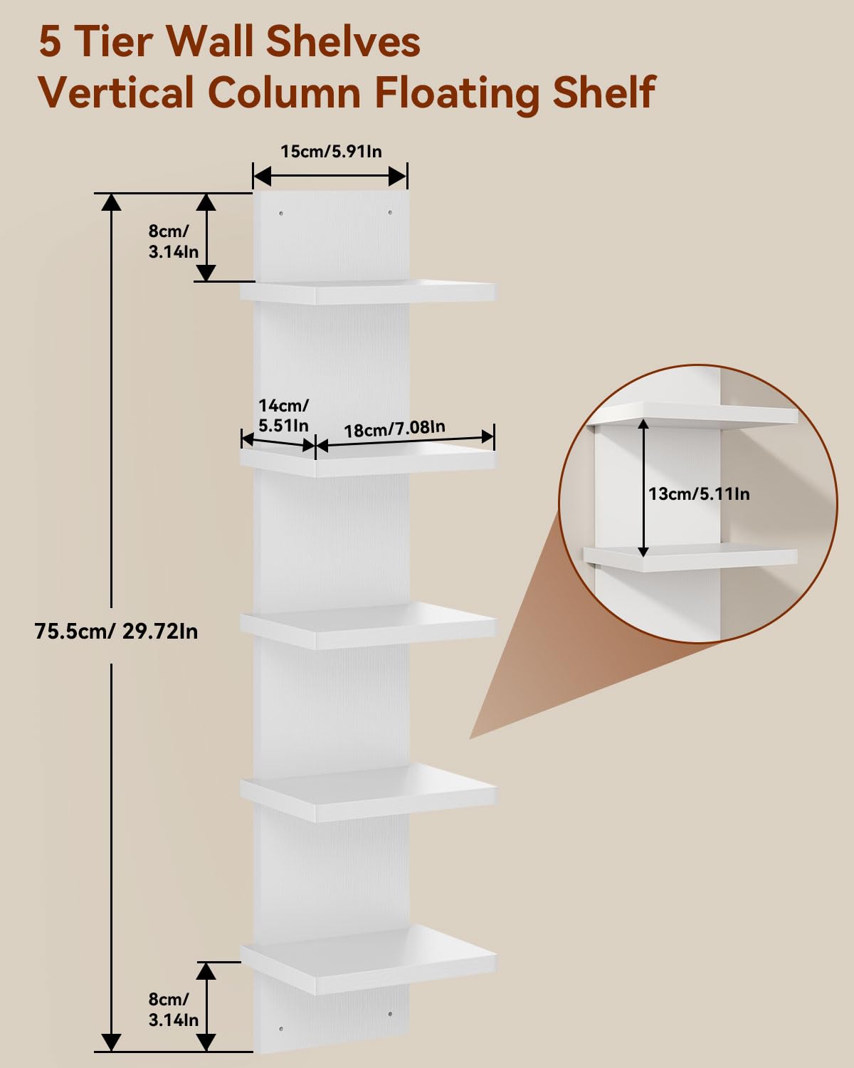 IBUYKE 5 Tier Wall Shelf Unit,White Vertical Shelf,Floating Storage Wall Shelf,Organizer Tall Tower Design Decorative Wall Mount Shelving for Home, Bedroom,Living Room,Office Decor WBC009W