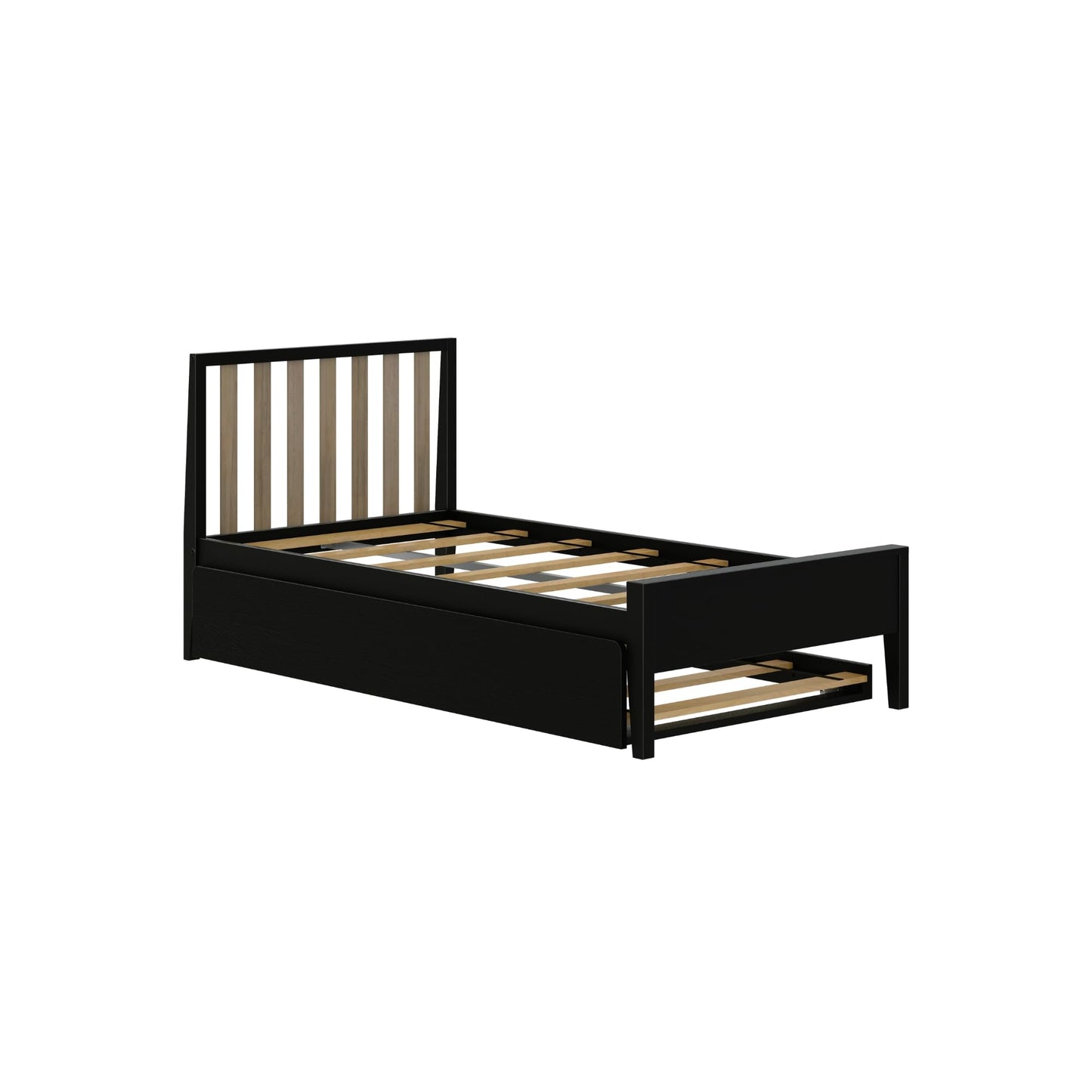 Max & Lily Scandinavian Panel Bed (Twin), Slatted Headboard, with Trundle, Black/Blonde