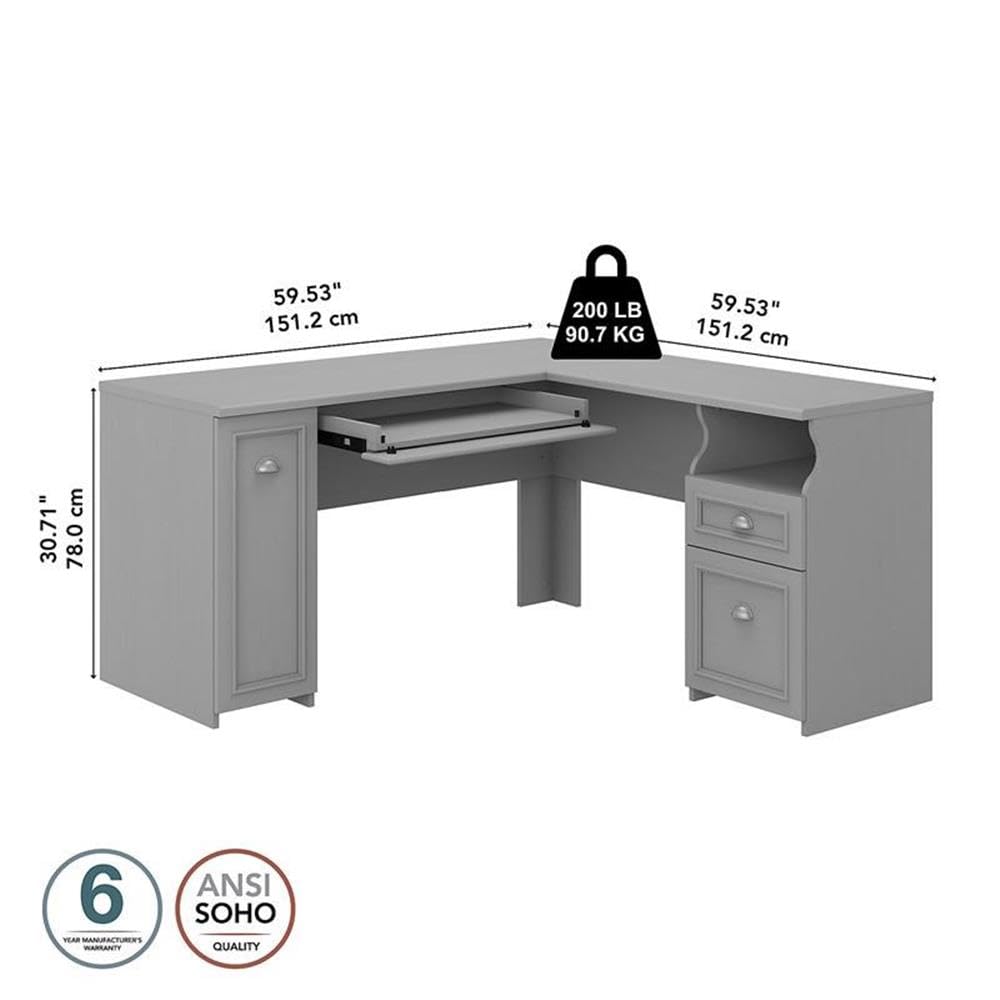 Bush Furniture L Shaped Desk with Drawers and Storage Cabinet with Charming Antique Pewter Accents | Fairview Collection Corner Computer Table for Home Office | 60Wx60Dx31H