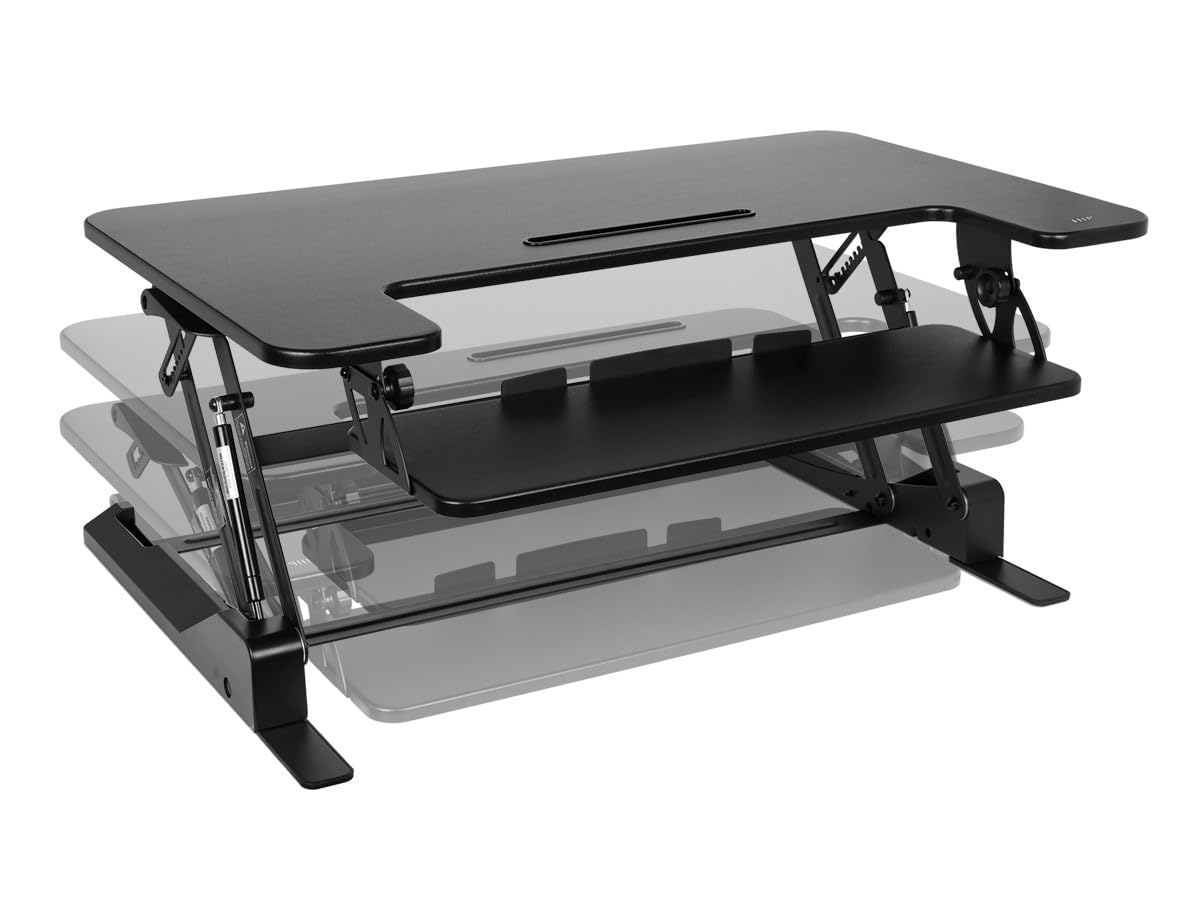 Monoprice Height‑Adjustable Gas Spring Dual Handle Sit‑Stand 36-inch Workstation Desk Converter with Keyboard Tray, High Strength Steel Frame, Waterproof Surface