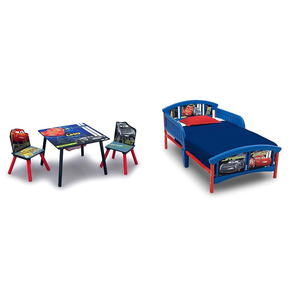 Delta Children Kids Table and Chair Set With Storage (2 Chairs Included) - Ideal for Arts & Crafts, Snack Time, Homework & More, Disney/Pixar Cars, 3 Piece Set & Plastic Toddler Bed, Disney/Pixar Cars