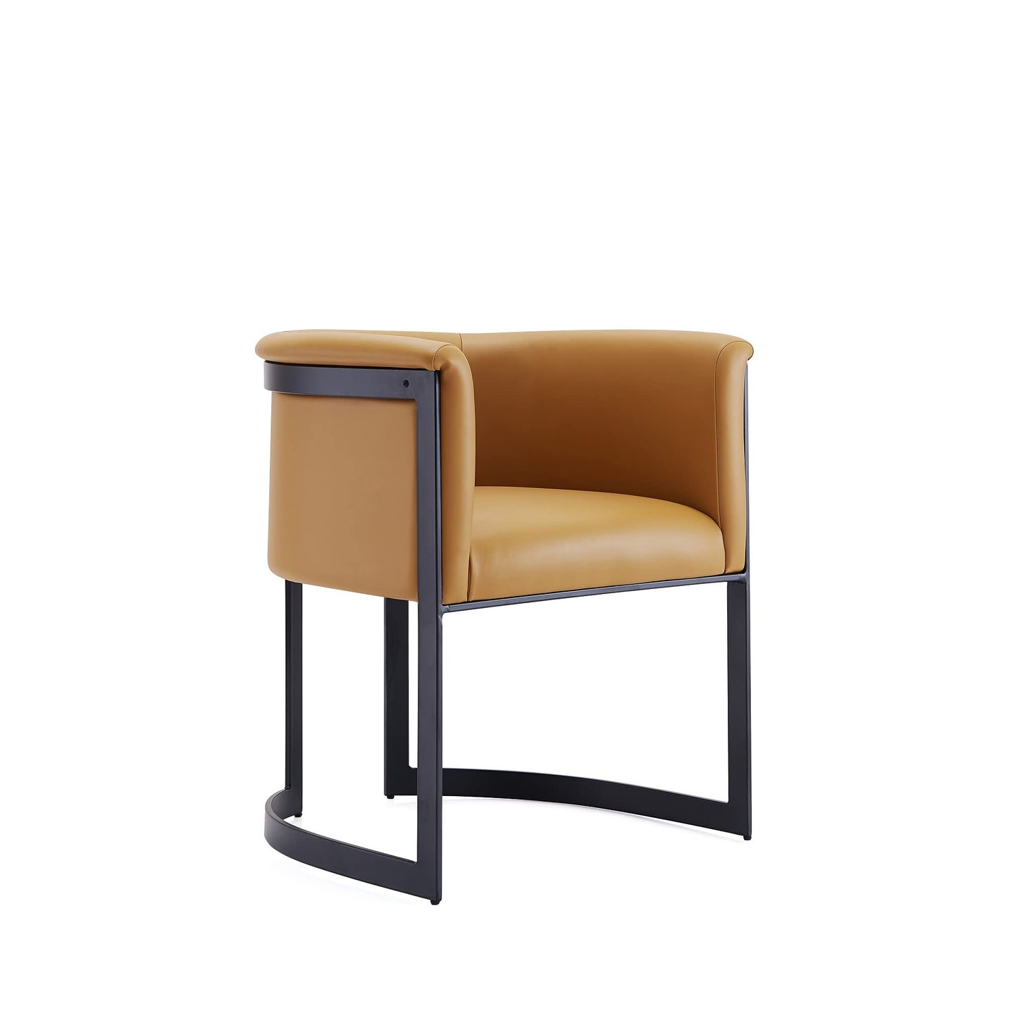 Manhattan Comfort Corso Faux Leather Upholstered Dining Chair, Barrel-Style Foam Padded Seat, Unique Geometric Metal Frame, Fully Assembled Accent Furniture, Tan