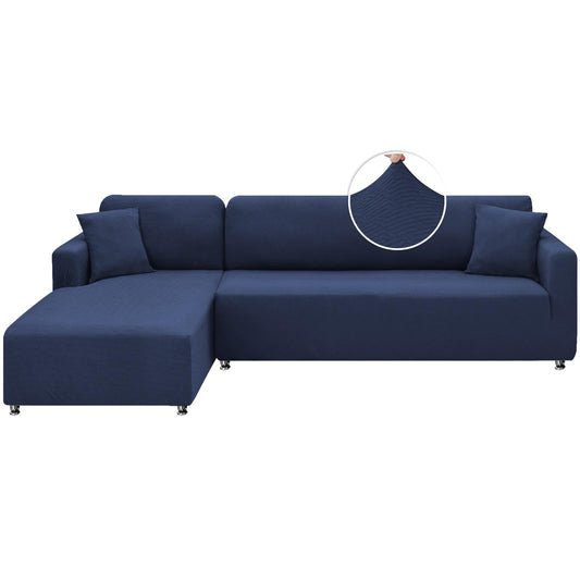 XINEAGE Sectional Couch Cover High Stretch L Shaped Sofa Cover 2 Pieces Non Slip Slipcover with Chaise Furniture Protector with 2 Pillowcases for Pets & Dogs (3 Seat Sofa + 3 Seat Chaise, Navy Blue)
