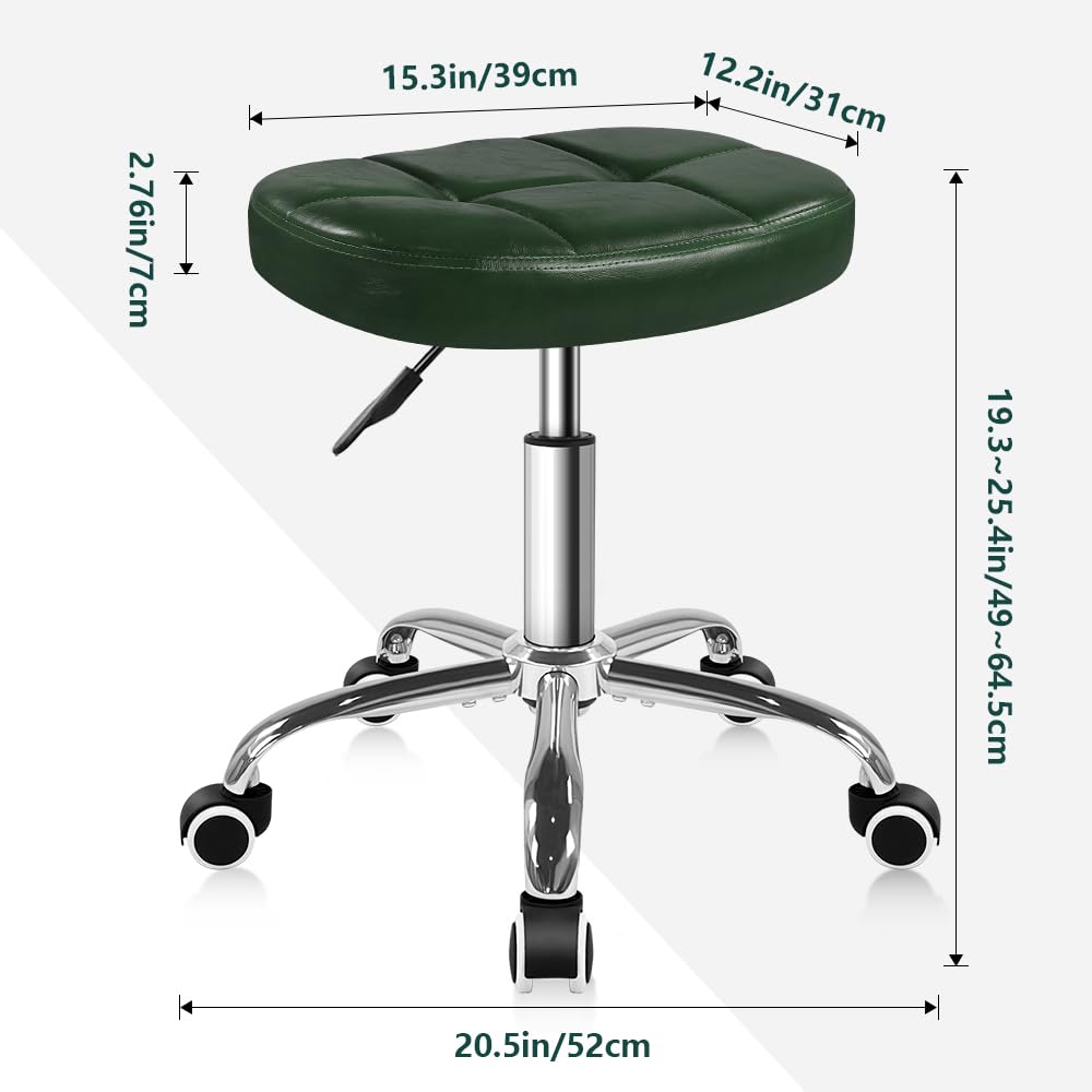 BFTOU 6-Square Lattice PU Swivel Stool with Wheel for Work SPA Shop Massage Height-Adjustable and Cost-Effective Rolling Stool Chair (Green)