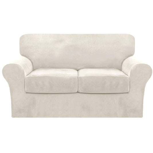 FantasDecor 3 Piece Sofa Covers Velvet for 2 Cushion Couch Stretch Loveseat Slipcover with Individual Seat Elastic Furniture Protector for Pets (Loveseat, Ivory)