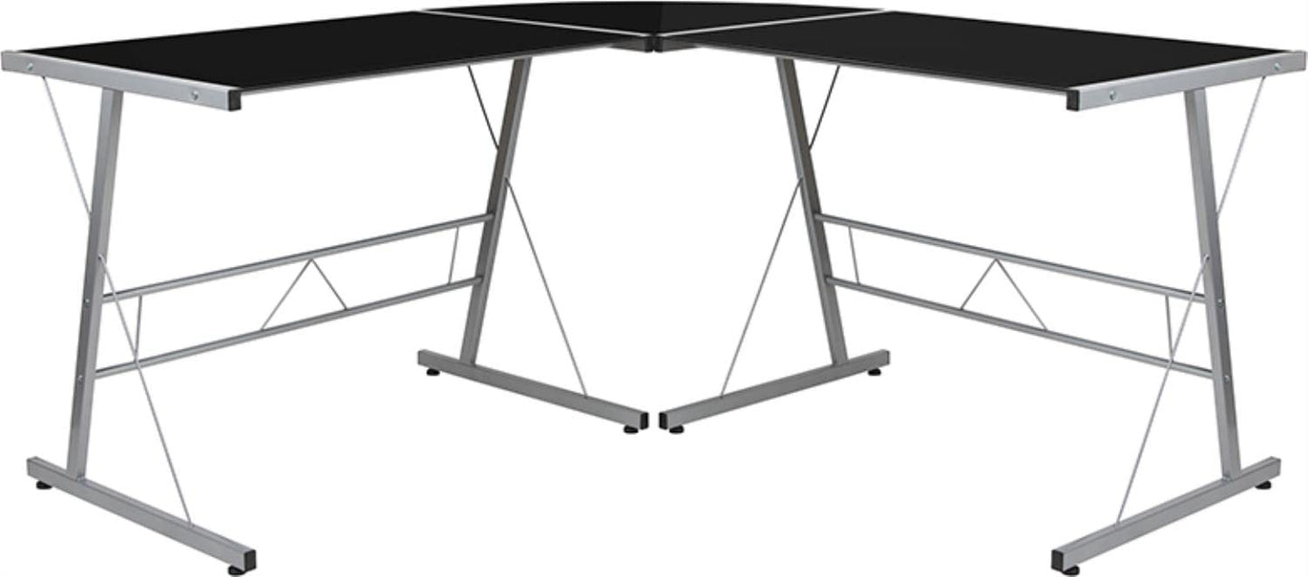 Flash Furniture Black Glass L-Shape Corner Computer Desk with Silver Metal Frame