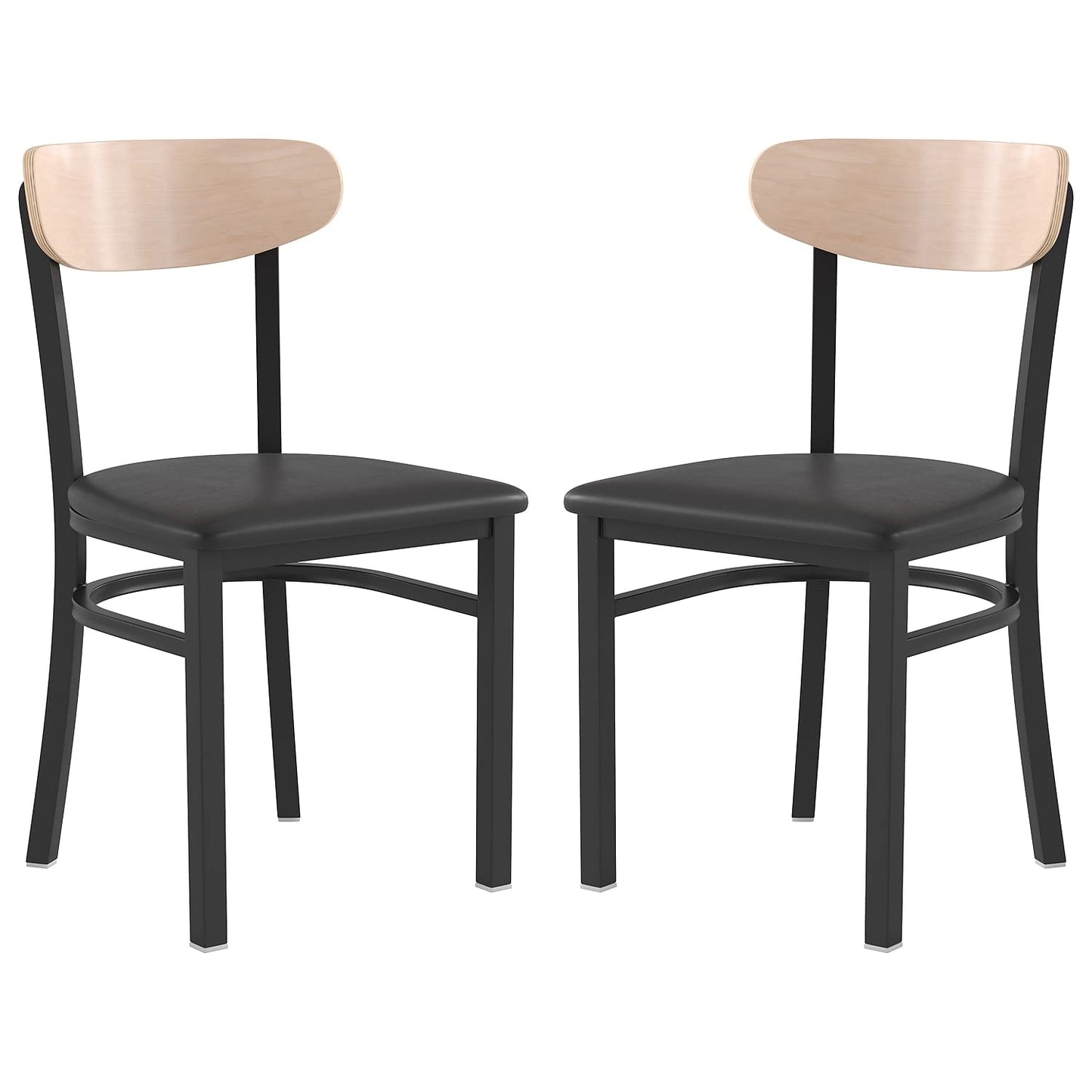 Flash Furniture Wright Set of 2 Commercial Dining Chairs - Natural Wood Boomerang Back - Black Vinyl Seat - 500 LB. Capacity Black Steel Frame-Integrated Footrest