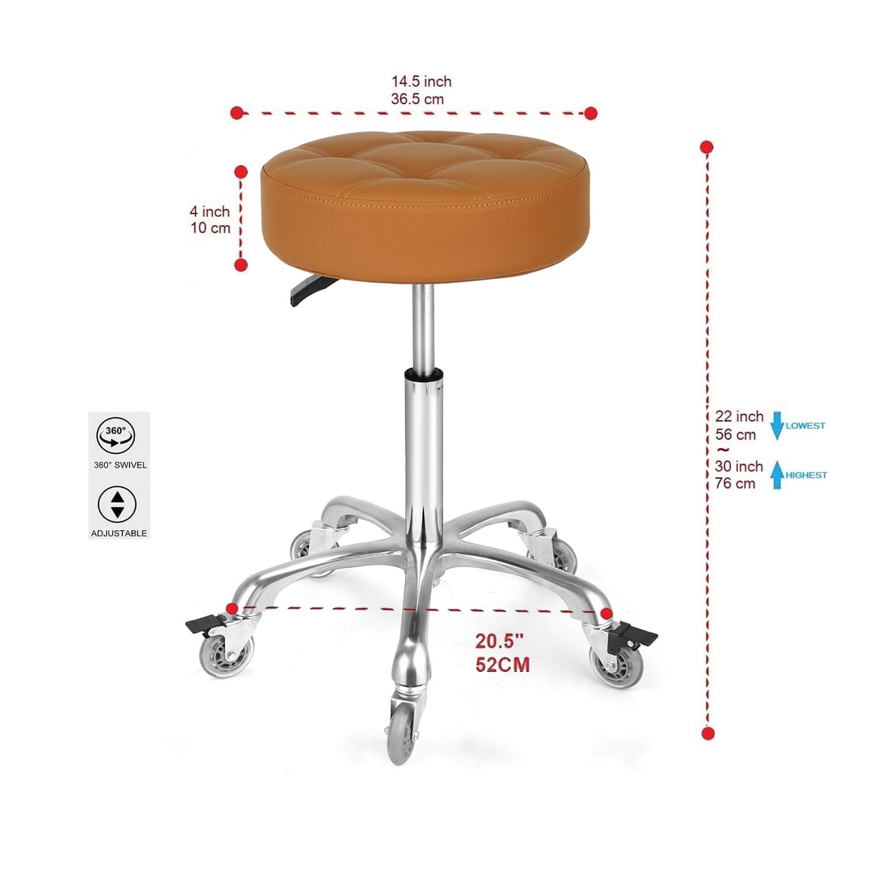 McDooFly Adjustable Heavy Duty Stool - Rolling Stools with Locking Caster Wheels - Swivel Stools Backless Chair for Home Kitchen Office Shop Tattoo Lash Tech Pedicure (Camel, Height 22 to 30 in)