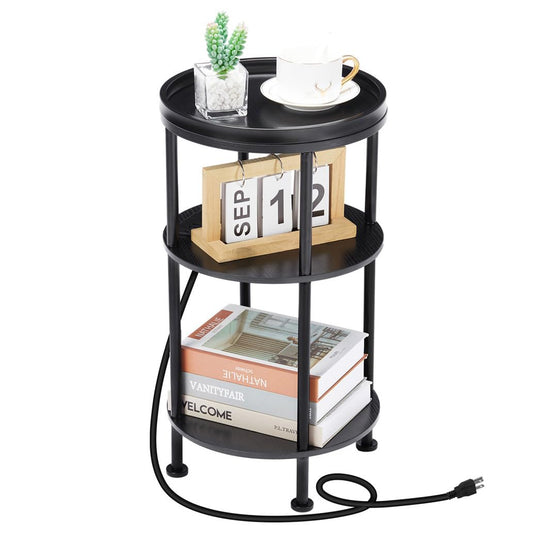 ZEXVIDA Small Round Side Table with Charging Station for Small Spaces, 3-Tier Accent Table with USB Ports & Power Outlets, Sofa Corner Tea Table for Living Room Nightstand Bedroom Apartment (Black)