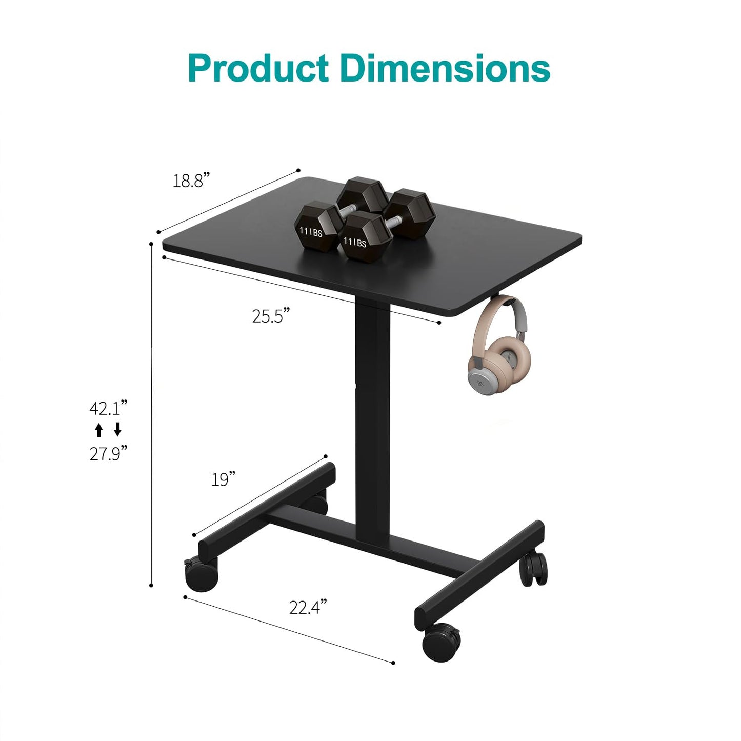 Gamork 18.9 * 25.6 inch Mobile Standing Desk,T Shaped Pneumatic Adjustable Height Stand Up Desk,with Lockable Wheels,Ergonomic Standing Side Table for Home Office Work Computer Workstation Black+Gray