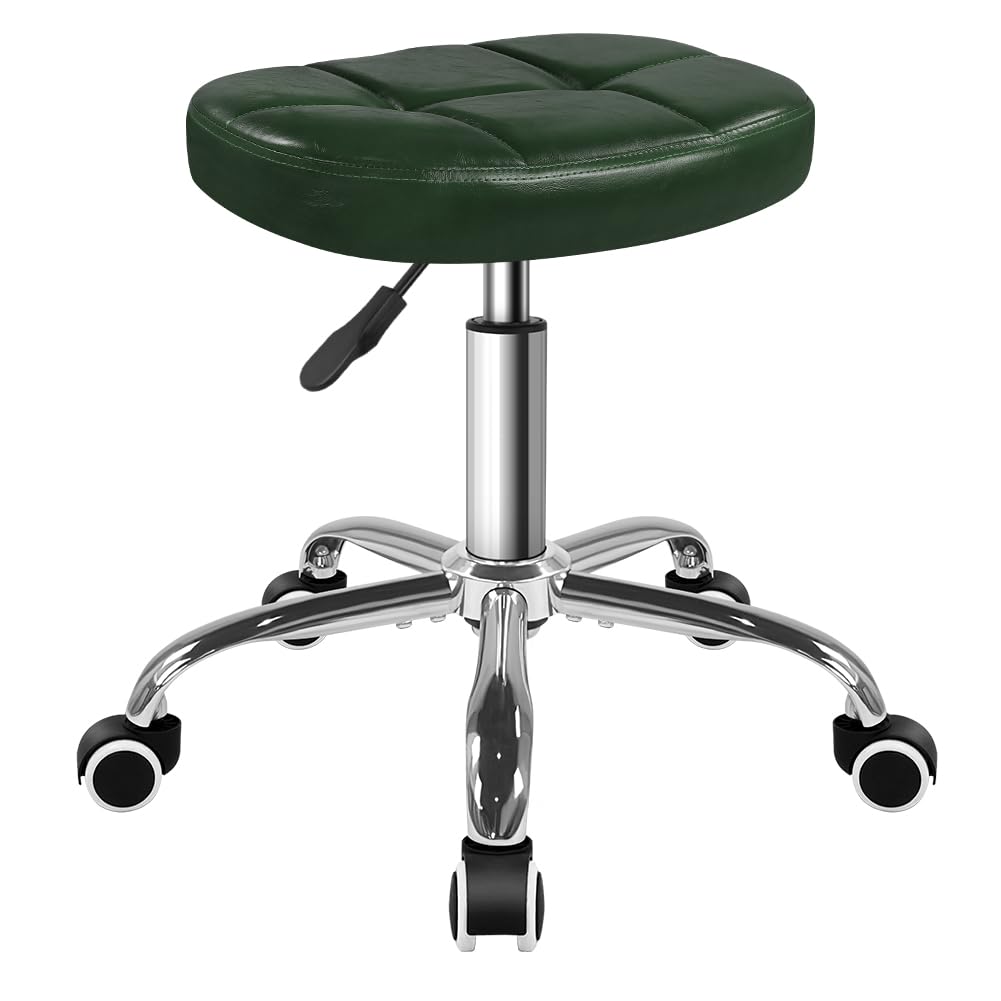 BFTOU 6-Square Lattice PU Swivel Stool with Wheel for Work SPA Shop Massage Height-Adjustable and Cost-Effective Rolling Stool Chair (Green)