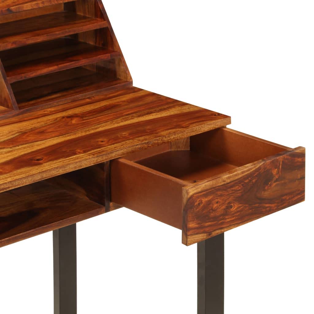 KHNLGFR Solid Acacia Wood Desk with 2 Drawers, Bookshelves and Keyboard Shelf, 43.3"x19.7"x37" Writing Computer Desk with Steel Legs for Home Office