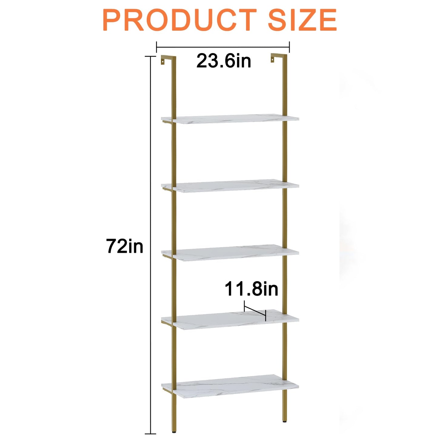 Wolawu 5 Tiers Ladder Shelf White Marble Modern Bookshelf Open Tall Wall Mount Bookcase Standing Leaning Wall Shelves Industrial Decorative
