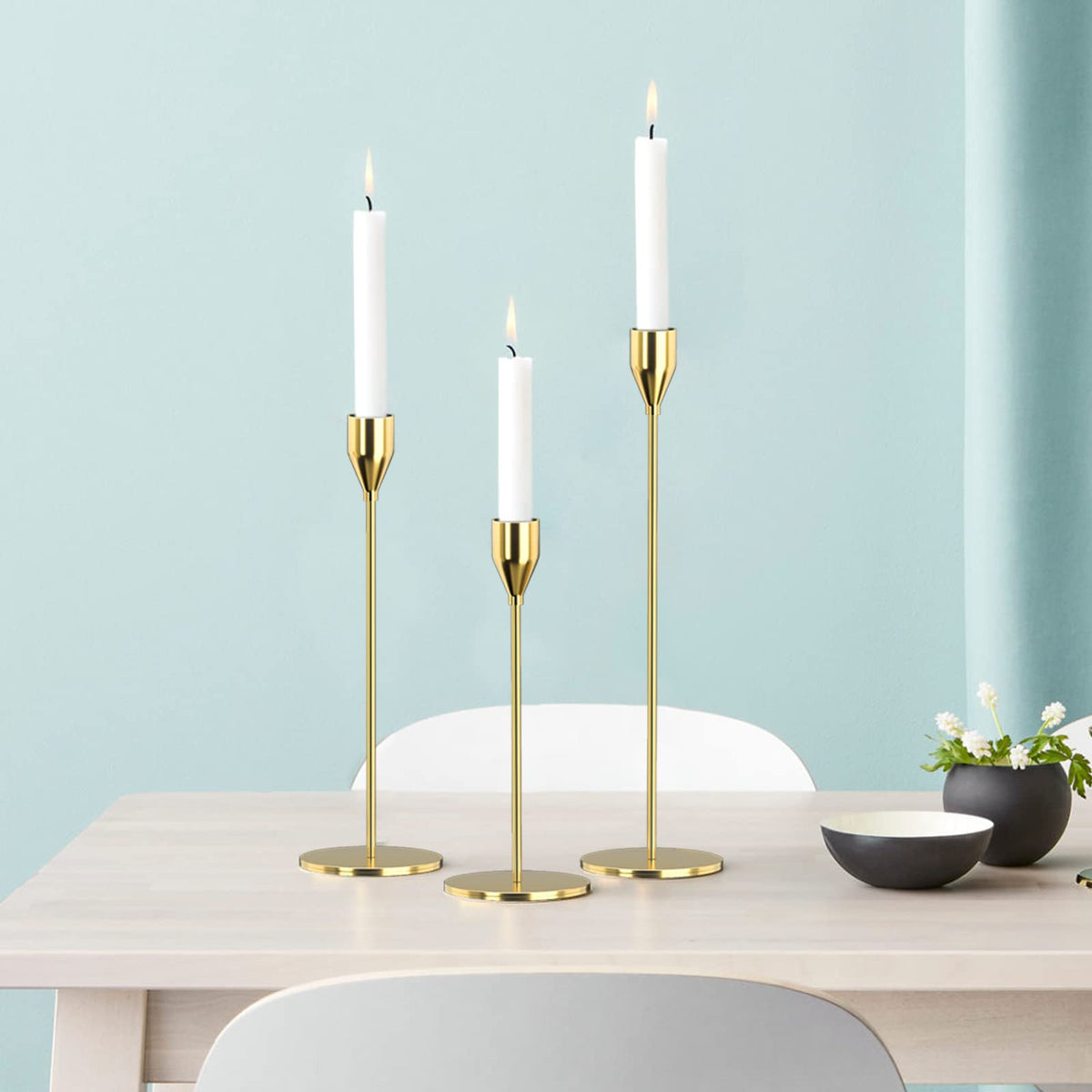 SUJUN Candle Holders Set of 3 for Taper Candles, Decorative Candlestick Holder for Wedding, Dinning, Party, Fits 3/4 inch Thick Candle&Led Candles (Metal Candle Stand) (Gold)