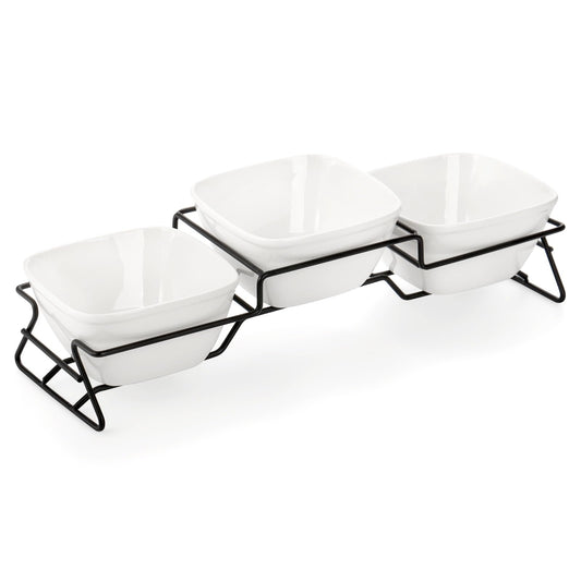 ZENFUN 10 oz Square Bowl Chip & Dip Serving Set, Pocelain Ramekin Bowls with Metal Rack Stand, White Small Serving Dishes, Condiment Serving Tray for Entertaining, Party, Buffets, Christmas