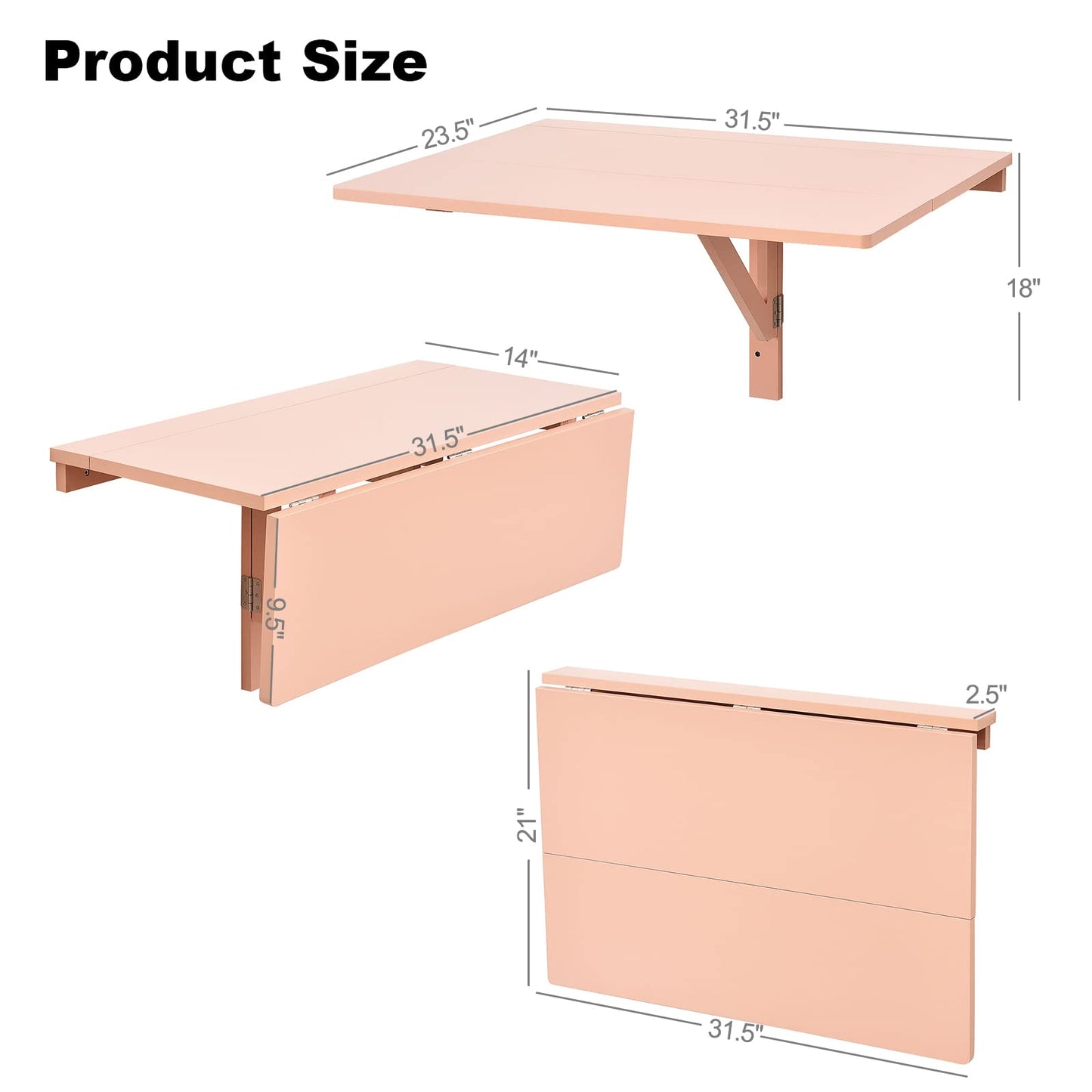 COSTWAY Wall Mounted Folding Table, 31.5" x 23.5" Drop-Leaf Floating Writing Desk for Small Spaces, Space-Saving Fold Down Laptop Workstation for Kitchen, Bedroom, Laundry Room, Study Room (Pink)