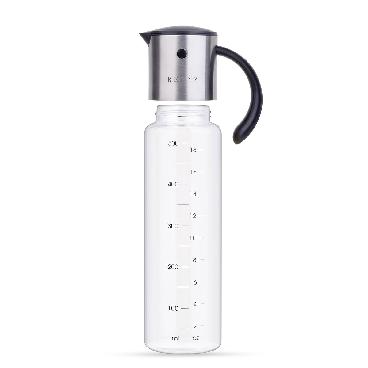 Large Glass Olive Oil Dispenser for Kitchen Cooking, Big 17oz Salad Dressing Container, Soy Sauce Bottle - Leakproof No Drip Stainless Steel Metal Pour Spout, Clear Measuring Markings, Dishwasher Safe